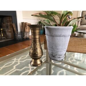 Vintage Designer Etched Brass Vase, Floral Brass Vase, Art